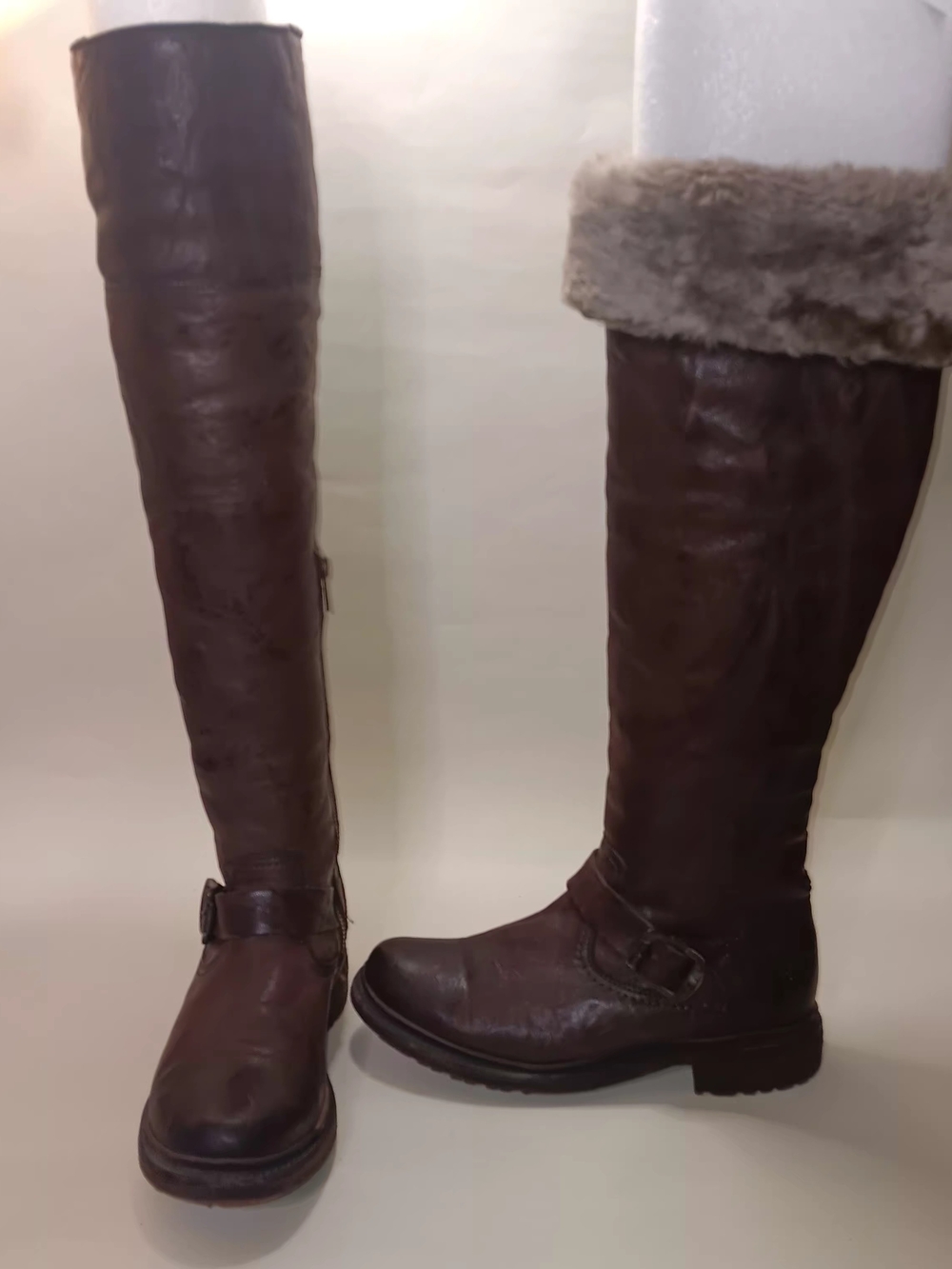 Frye Women's Dark Brown Over-the-Knee Leather Boots with Faux Fur Cuff